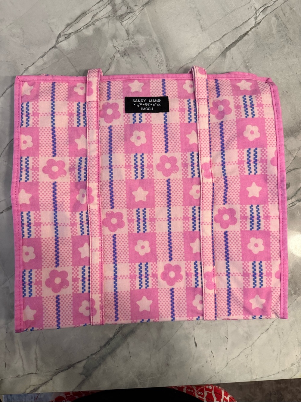 Sandy Liang x Baggu Pink Floral Checkered Tote Bag